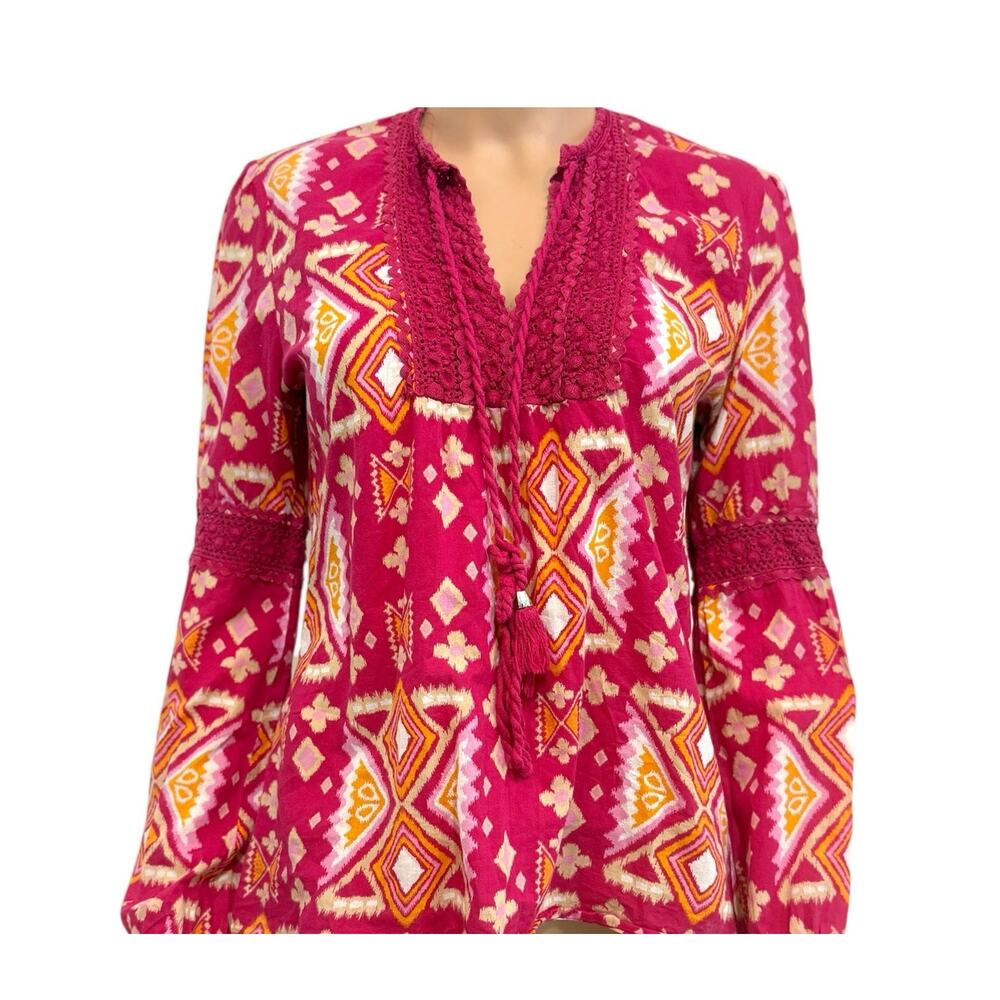 Tory Burch 8 cotton crochet trim geometric print tassel front tie top TLS1 3125